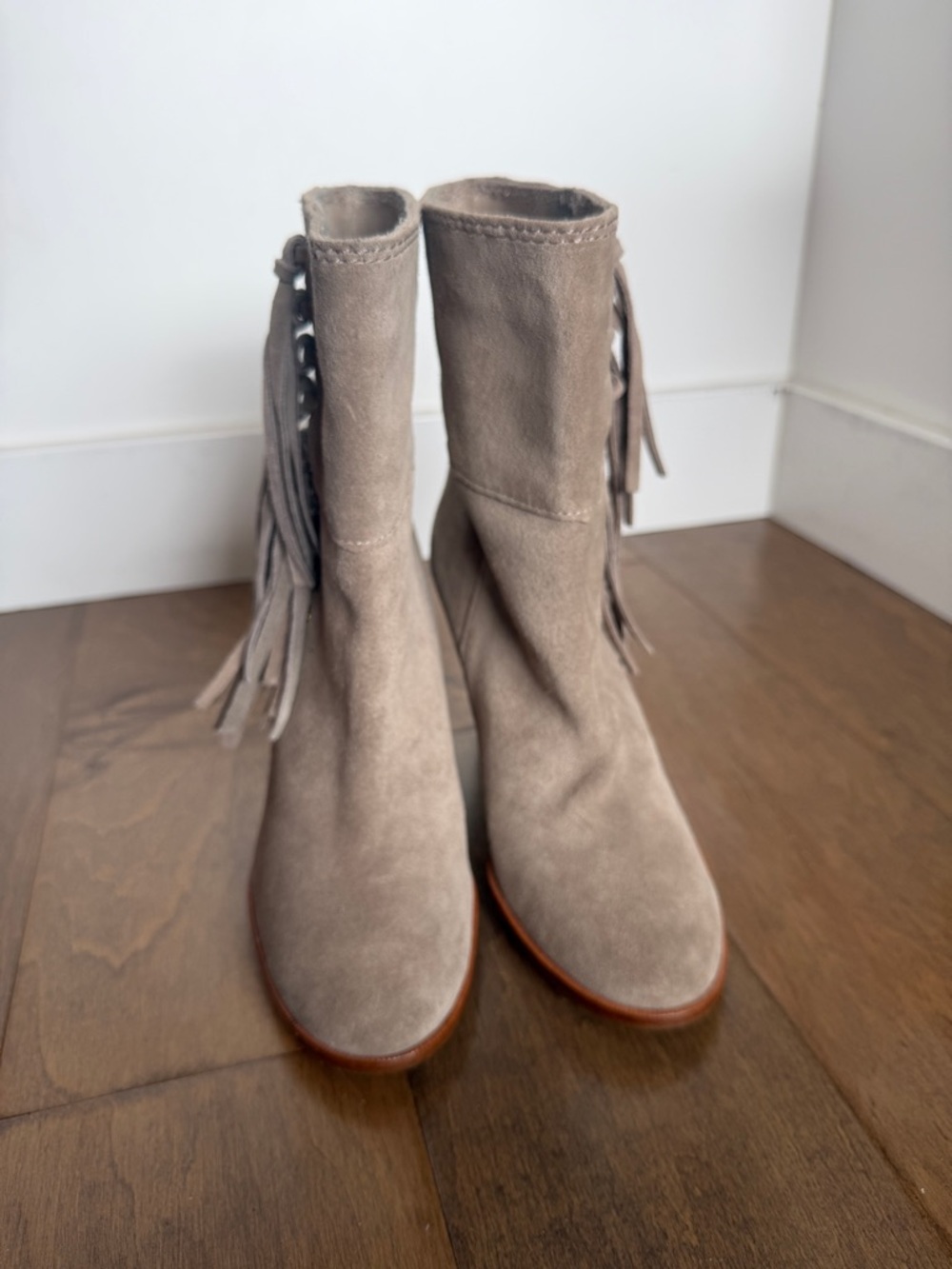 Coach Suede Fringe Mid-Calf Boots in Taupe